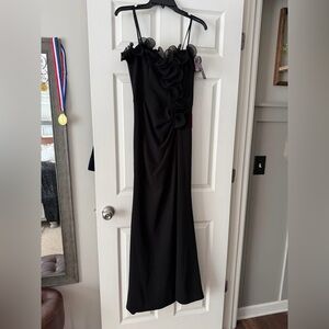 Xscape Black Strapless Dress with Ruffle Detail